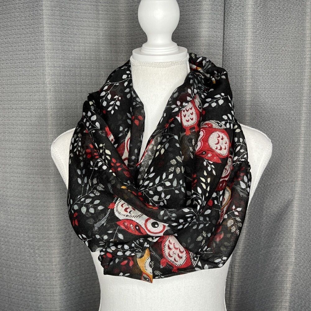 Owl Print Scarf  Soft Lightweight Sheer Infinity Wrap 100% Viscose Black & Red